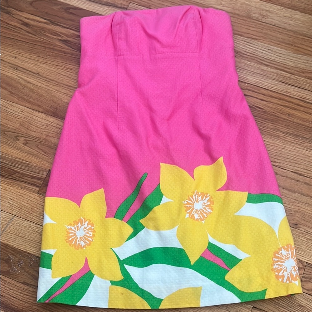 Lilly Pulitzer Pink Strapless Dress with Yellow Floral Design